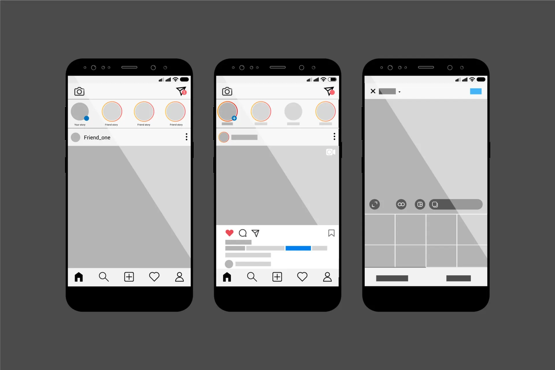 Interface do Instagram com feed, stories e aba de criação de conteúdo, destacando o ambiente visual dos anúncios. 
