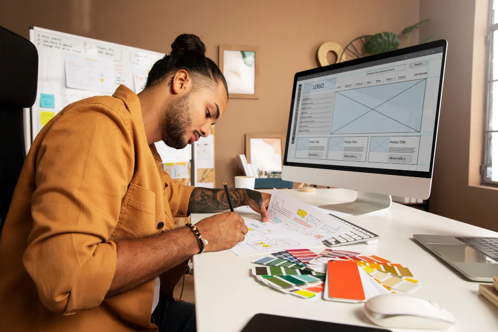 Designer fazendo esboços à mão ao lado do computador