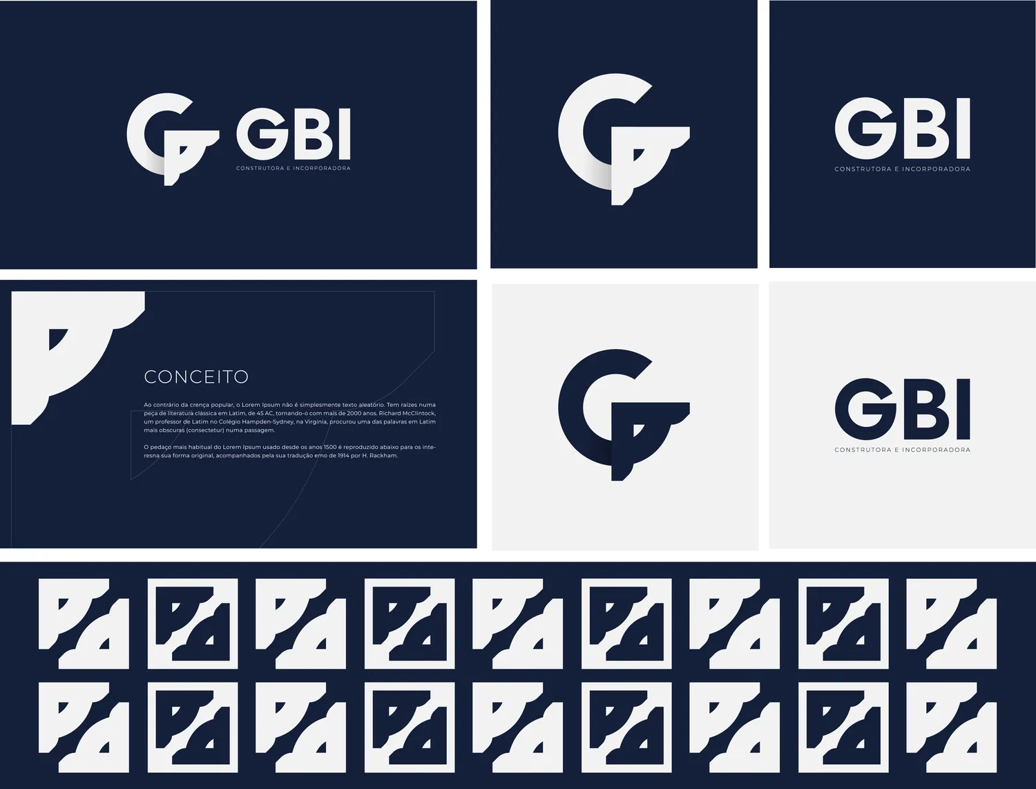 Prancha da identidade visual da GBI Construtora e Incorporadora, com versões da marca e grafismos.