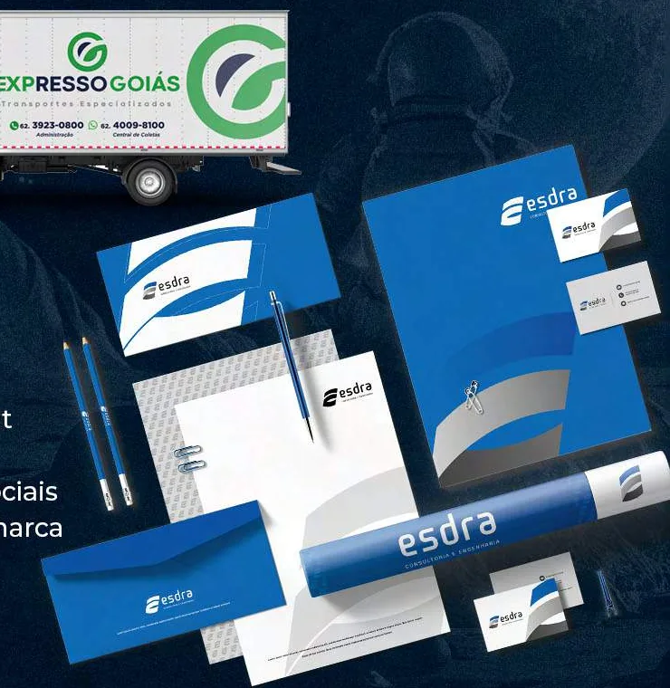 Identidade visual da Esdra Consultoria e Engenharia aplicada em papelaria e frota.