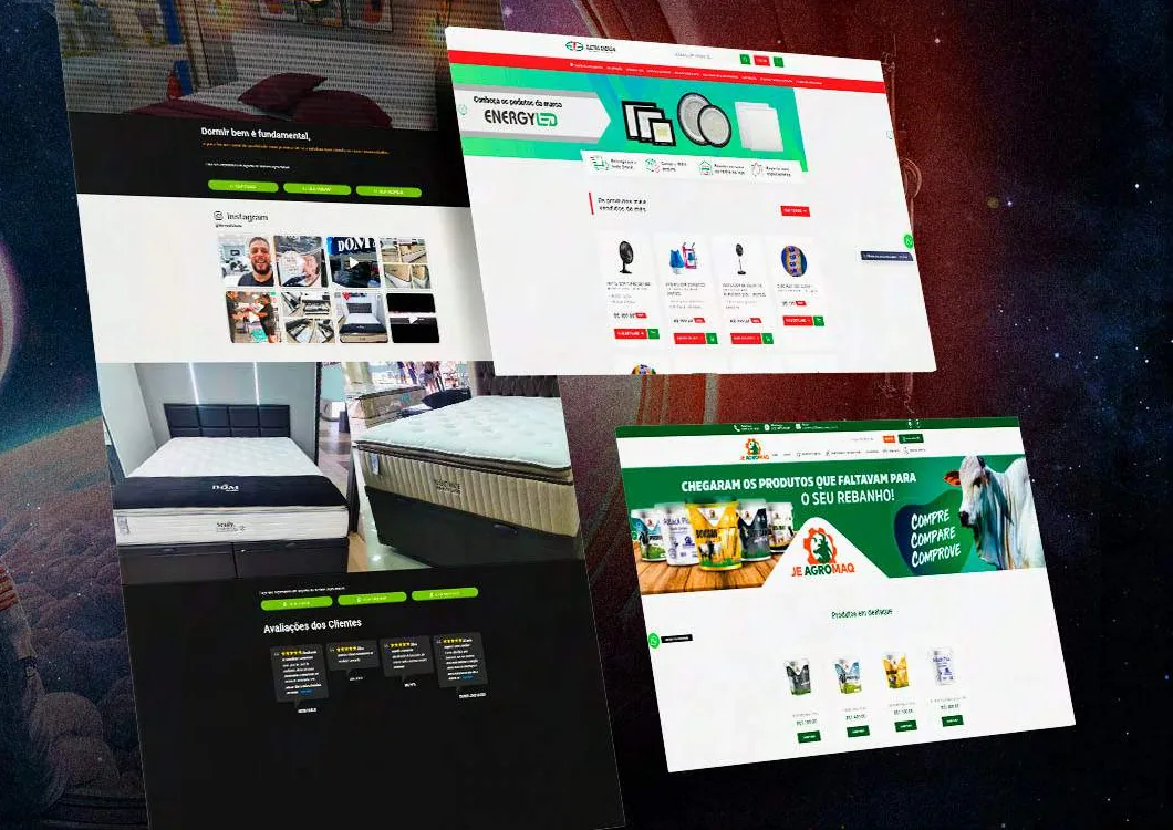 Lojas virtuais criadas pela Salazar Digital, com vitrines de produtos.