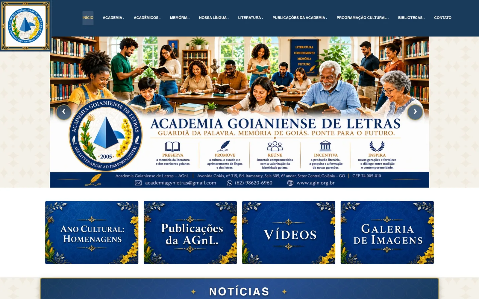 Home do site da Academia Goianiense de Letras.