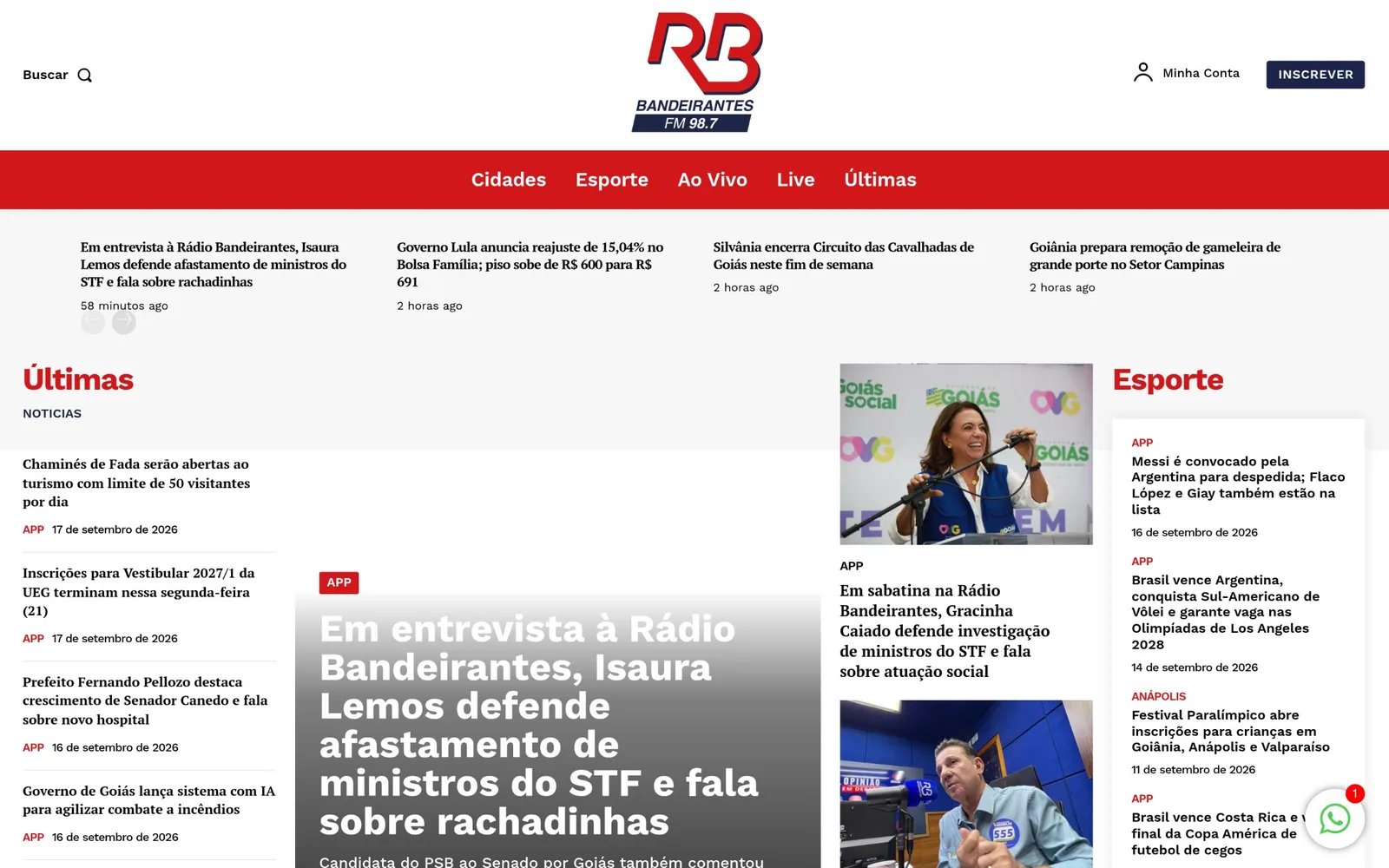 Home do portal da Rádio Bandeirantes Goiânia.