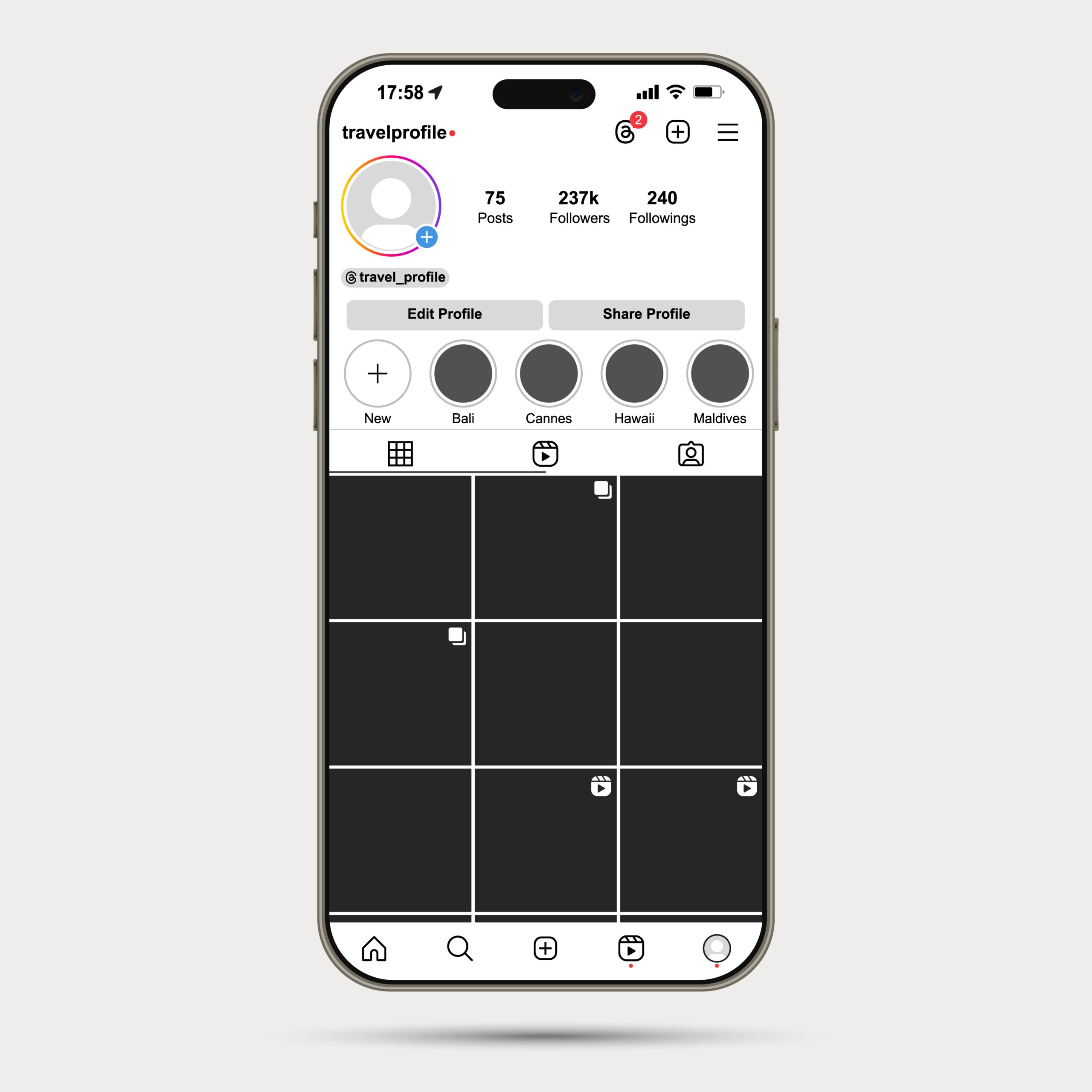 Tela de perfil do Instagram com destaques organizados e layout estratégico, exemplo de gestão de Instagram profissional.