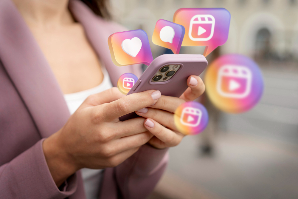 Mãos femininas segurando smartphone com ícones do Instagram Reels, curtidas e comentários, indicando interação em redes sociais.