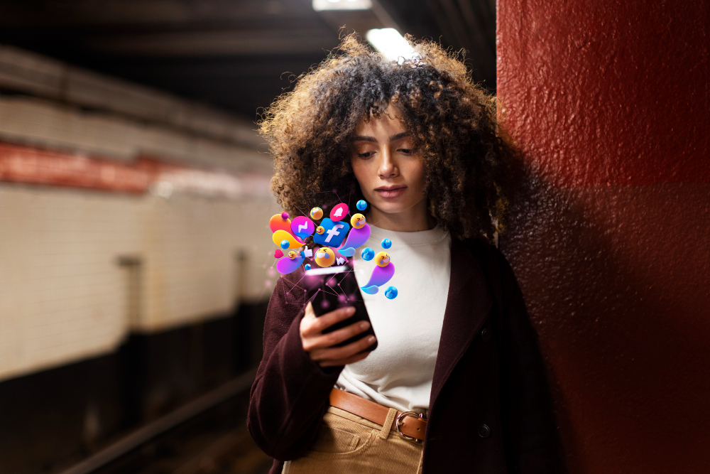 Mulher usando o celular em estação de metrô com ícones de redes sociais e emojis saindo da tela, simbolizando engajamento digital.