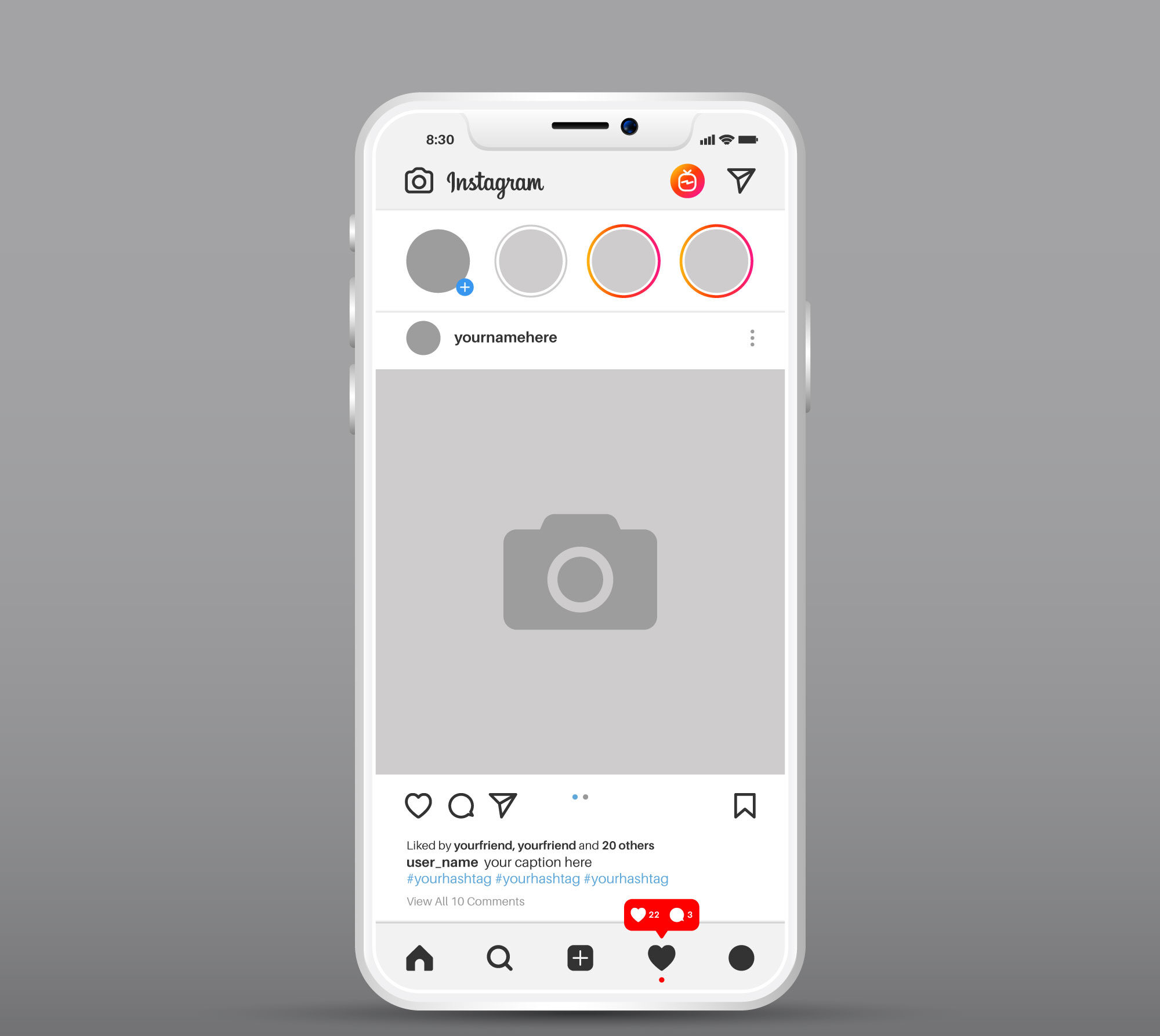 Interface do Instagram com stories em destaque e publicação no feed, ilustrando o impacto visual e engajamento de stories bem produzidos.
