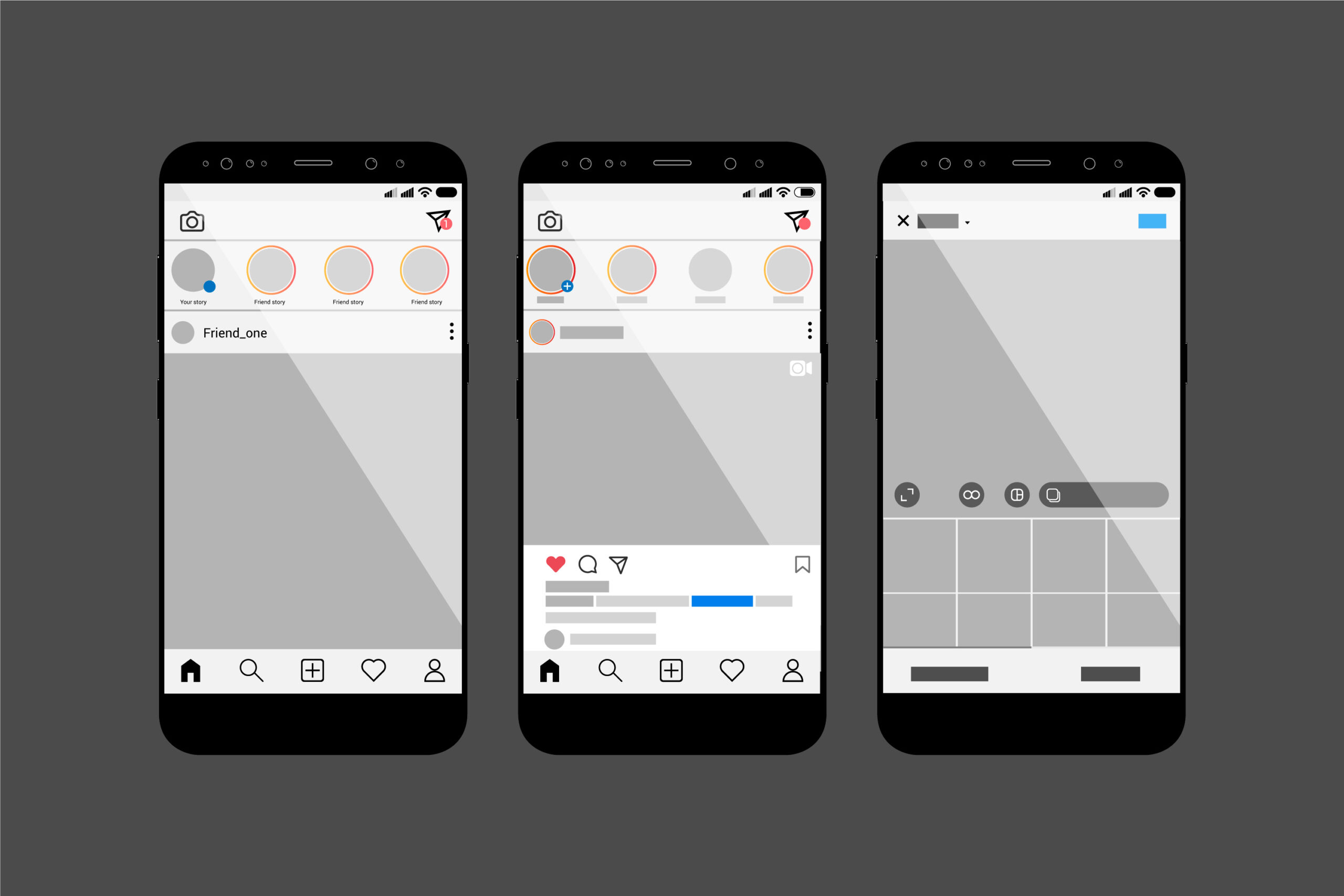 Interface do Instagram com feed, stories e aba de criação de conteúdo, destacando o ambiente visual dos anúncios. 