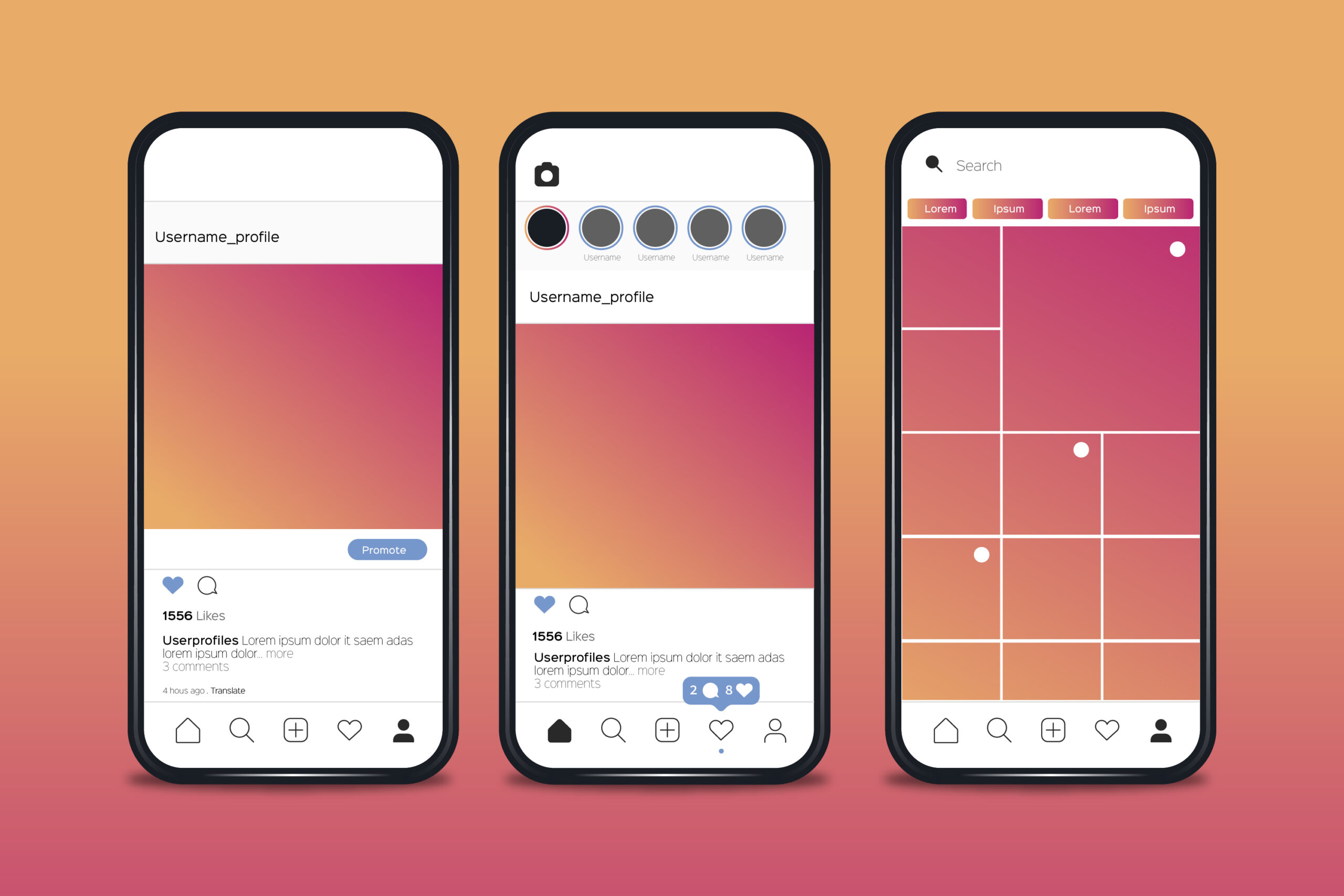 Simulação de posts patrocinados e navegação no Instagram, com destaque para curtidas e engajamento. 